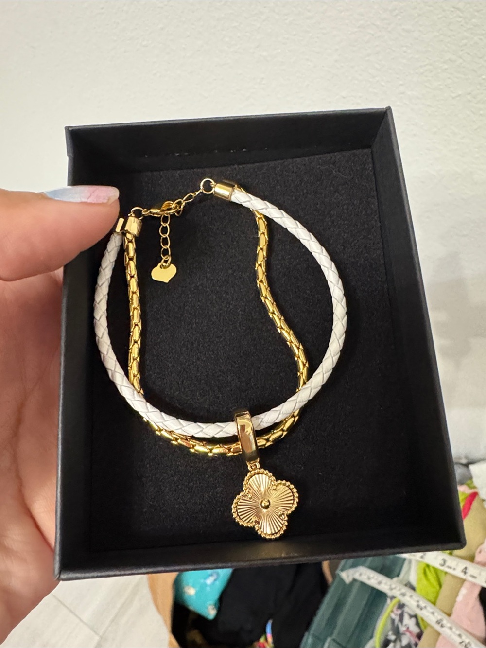 Gold and White Braided Leather Flower Pendant Bracelet - like van cleef styles